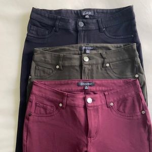 Bundle of three stretchy dress pants in colors Black, Green and Burgundy